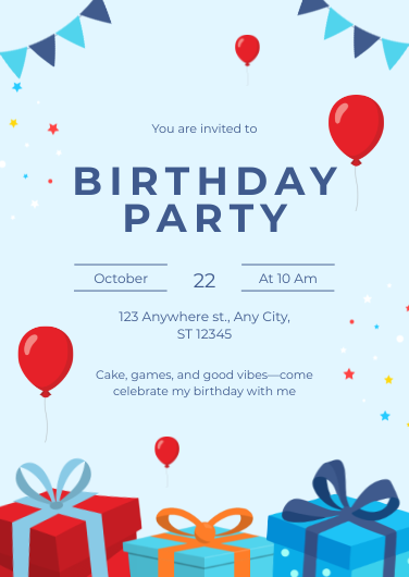 Red and Blue Playful Birthday Party Invitation Template