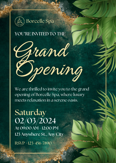 Green and Gold Luxury Spa Grand Opening Invitation