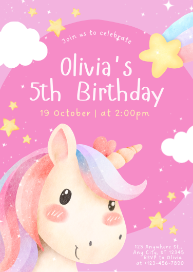 Magical Pink Watercolor Unicorn Birthday Invitation