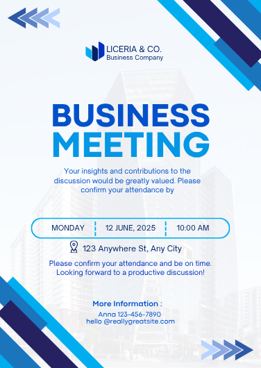 Editable White & Blue Geometric Business Meeting Invitation