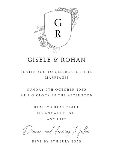 Minimalist Black and White Monogram Crest Wedding Invitation