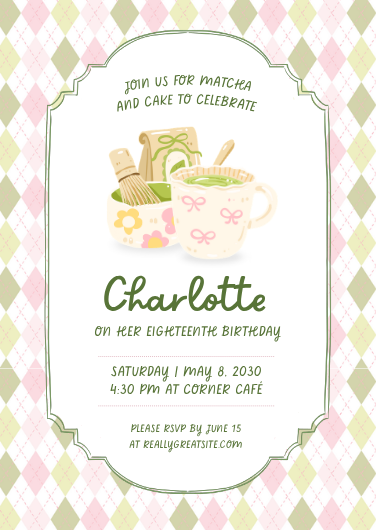 Illustrated Pink and Green Matcha 18th Birthday Invitation