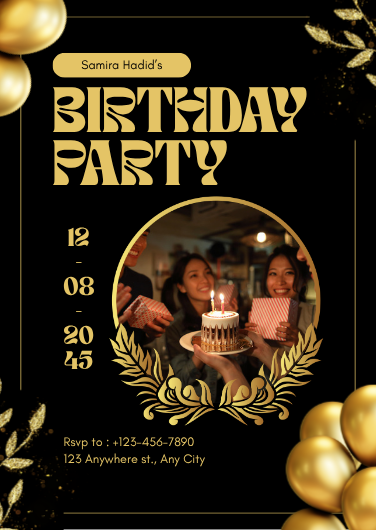 Black and Gold Simple Birthday Party Invitation Template