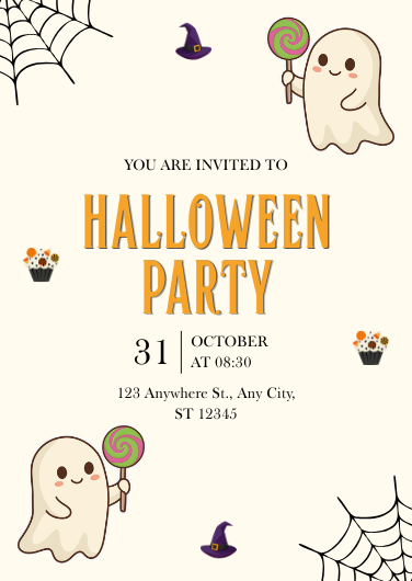 Cute Ghost and Cobweb Halloween Party Invitation Template