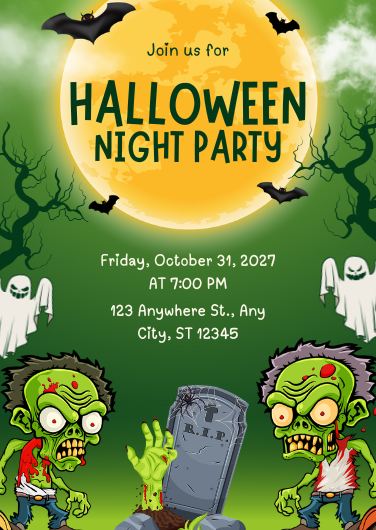 Yellow and Green Zombie Halloween Party Invitation
