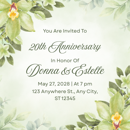 Green and Yellow Illustrated 20th Anniversary Invitation