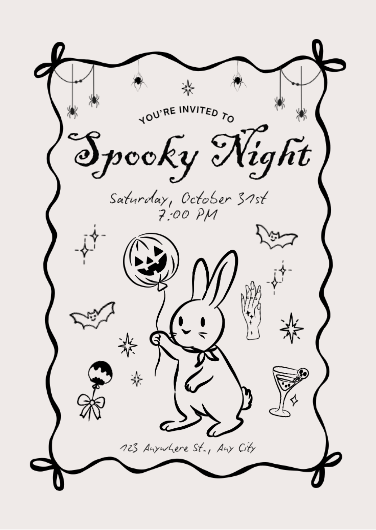 Black and White Spooky Illustrated Halloween Night Invitation