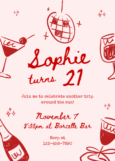 Red and Pink Hand-Drawn Whimsical Birthday Party Invitation