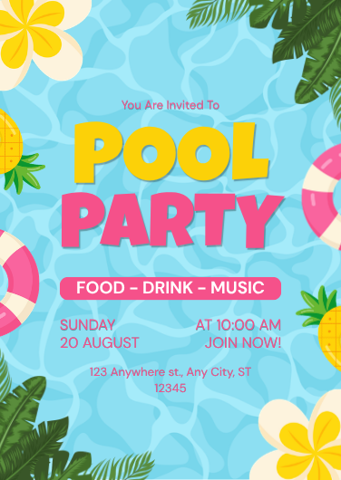 Blue, Yellow, and Pink Playful Pool Party Invitation