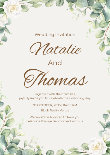 Cream White & Sage Green Minimalist Botanical Wedding Invitation