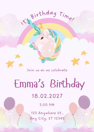 Cute Purple Unicorn Birthday Invitation Template