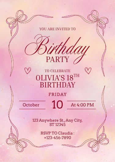 Editable Pink Watercolor 18th Birthday Party Invitation