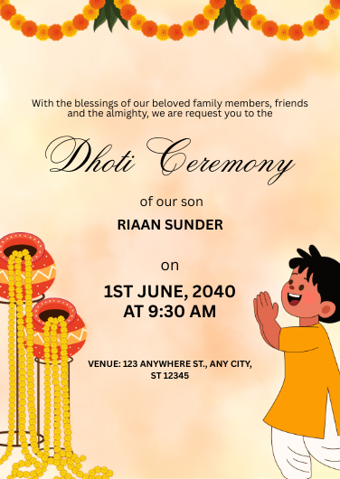 Orange & Yellow Illustrated Dhoti Ceremony Invitation