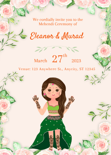 Pink and Green Floral Mehendi Ceremony Invitation