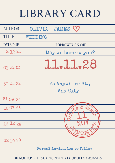 Vintage Library Card Wedding Save the Date Template