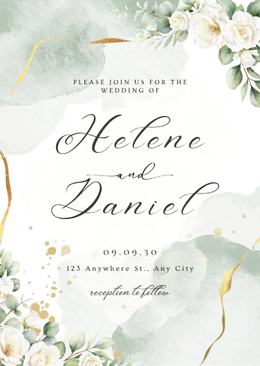 Elegant Green and Gold Floral Watercolor Wedding Invitation