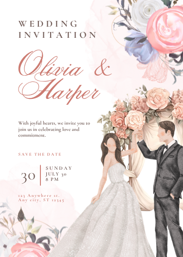Pink Watercolor Couple Illustration Wedding Invitation