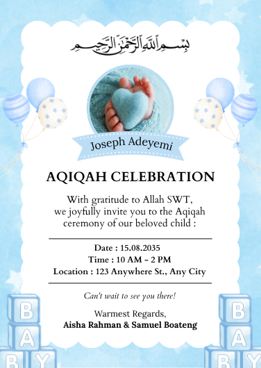 Playful Blue Boy Aqiqah Celebration Invitation Template