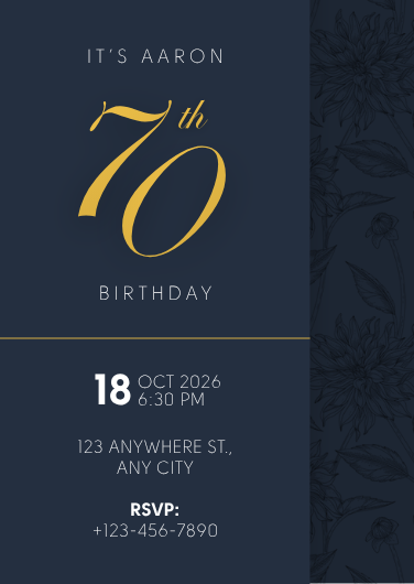 Navy Blue and Gold 70th Birthday Invitation Template