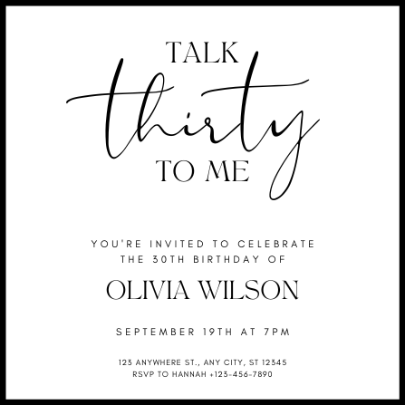 Black and White Minimal 30th Birthday Invitation Template