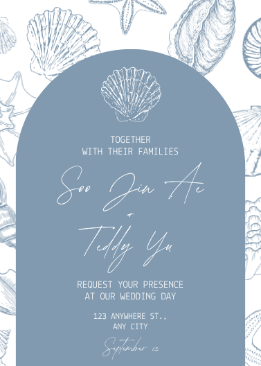 Blue and White Minimalist Sea Shell Wedding Invitation