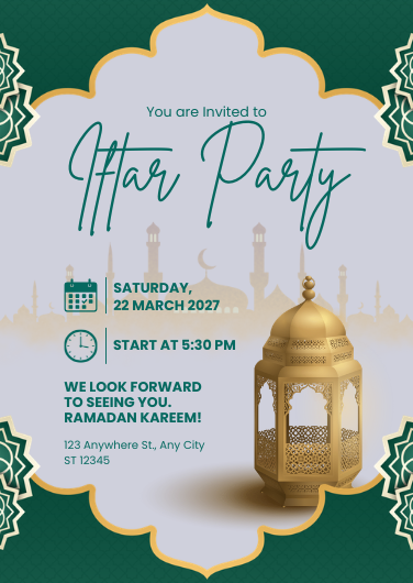Elegant Green and Gold Iftar Party Invitation Template