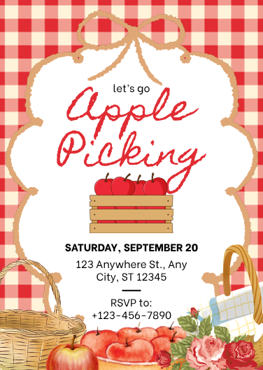 Red, White, and Beige Rustic Apple Picking Invitation