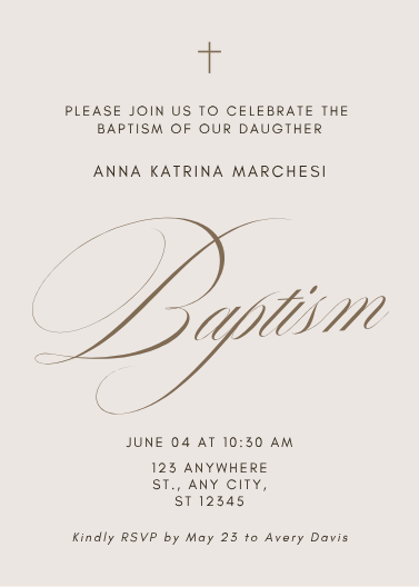 Cream and Brown Elegant Script Baptism Invitation
