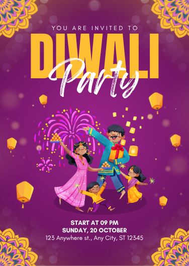 Purple and Gold Illustrated Diwali Party Invitation Template