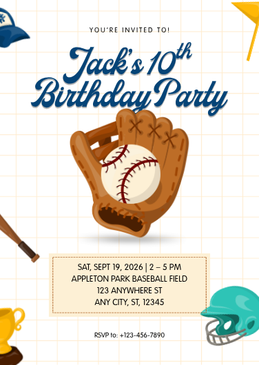 Blue and Brown Illustrated Baseball Birthday Invitation