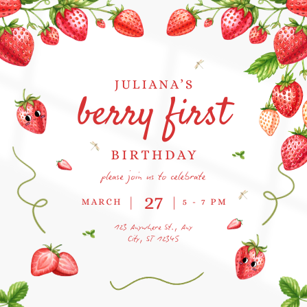 Cute Berry First Birthday Invitation Template