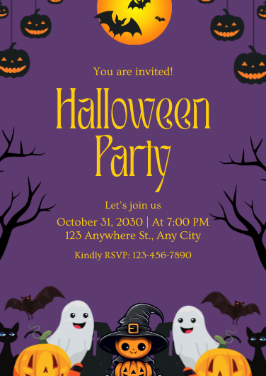 Purple and Yellow Playful Halloween Party Invitation