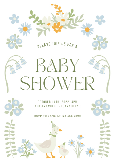 Blue and Green Floral Goose Baby Shower Invitation