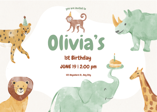 Green and Brown Playful Safari 1st Birthday Invitation