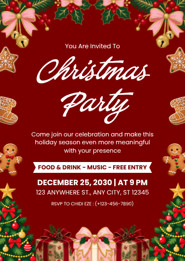 Red and Green Illustrated Christmas Party Invitation