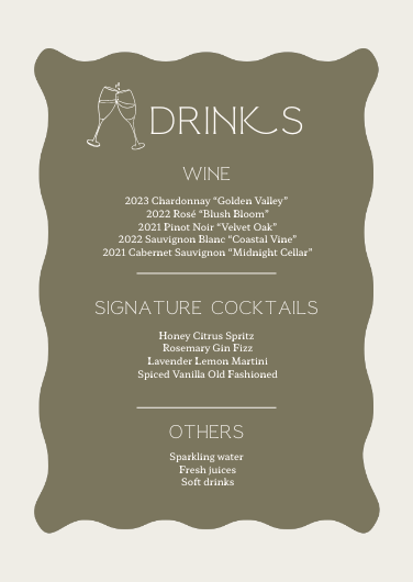 Elegant Minimalist Olive and Cream Drinks Menu Template