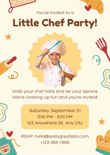 Yellow & Brown Playful Little Chef Party Invitation