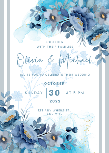 Customizable Blue Floral Wedding Invitation Template
