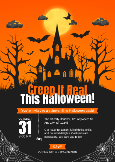 Editable Orange and Black Spooky Halloween Party Invite