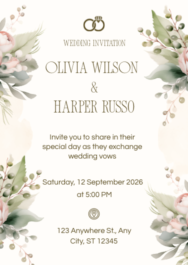 Beige Green Elegant Wedding Invitation Template