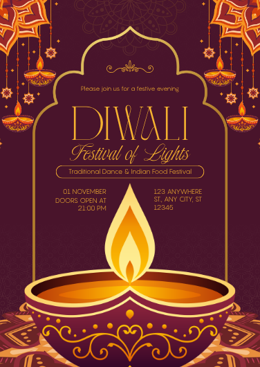 Maroon and Gold Elegant Diwali Festival Lights Invitation