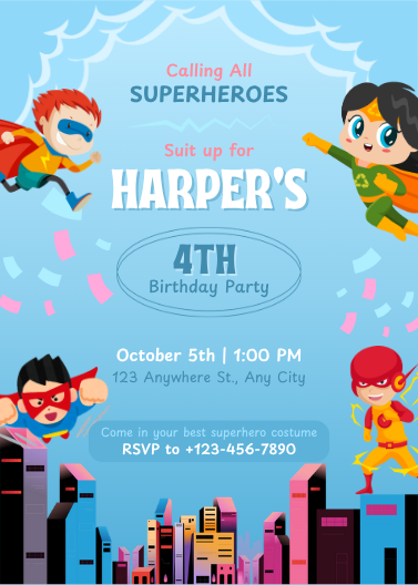 Blue Illustrative Superhero Kids Birthday Party Invitation