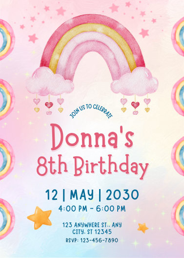 Cute Pastel Pink Watercolor Rainbow Birthday Invitation