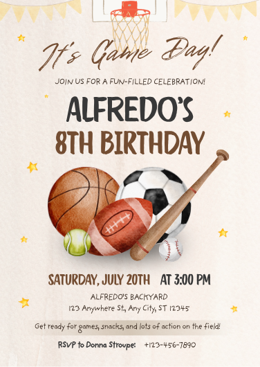 Watercolor Sports Birthday Invitation Template