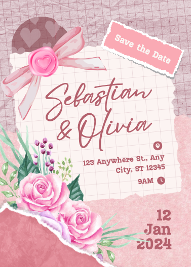 Pink Scrapbook Watercolor Wedding Invitation Template