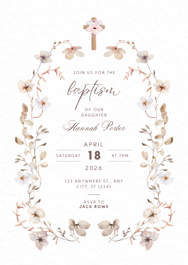 White and Brown Floral Baptism Invitation Template