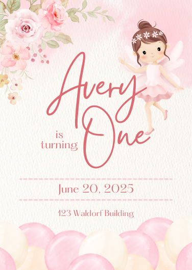 Pink Watercolor Fairy First Birthday Invitation Design
