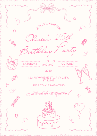 Beige and Pink Doodle 25th Birthday Invitation Template