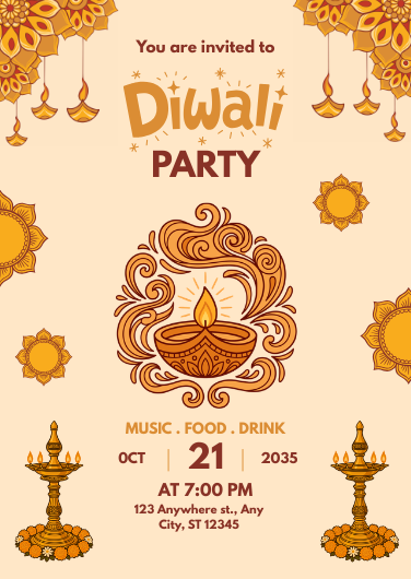 Traditional Orange and Gold Diwali Party Invitation