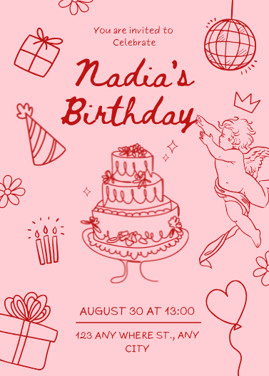 Red and Pink Happy Birthday Doodle Party Invitation